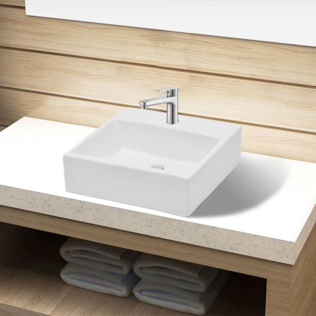 Berkfield Home Ceramic Bathroom Sink Basin with Faucet Hole White Square - image 1