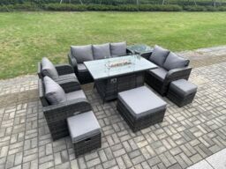 Fimous 10 Seater PE Wicker Outdoor Rattan Garden Furniture Set Propane Gas Fire Pit Table & Sofa Chair set with 3 Footstools Side Table in Dark Grey - thumbnail 3