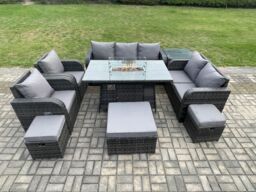 Fimous 10 Seater PE Wicker Outdoor Rattan Garden Furniture Set Propane Gas Fire Pit Table & Sofa Chair set with 3 Footstools Side Table in Dark Grey - thumbnail 1