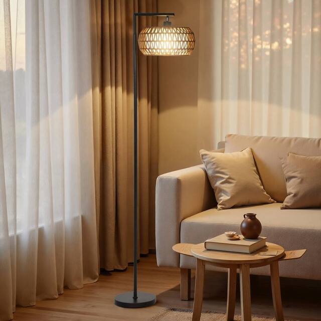 HOMCOM Dimmable Standing Lamp with Double Shade, Boho Floor Lamp, Black - Size: Large - image 1