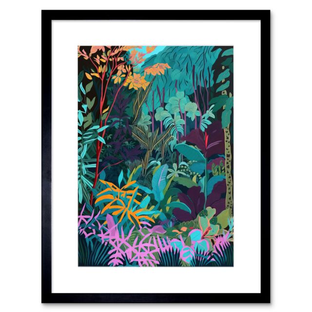 "Artery8 Wall Art Print Tropical Jungle Forest Vibrant Colour Artwork Framed 9X7 Inch in Black - Size: W7"" x H9""" - image 1