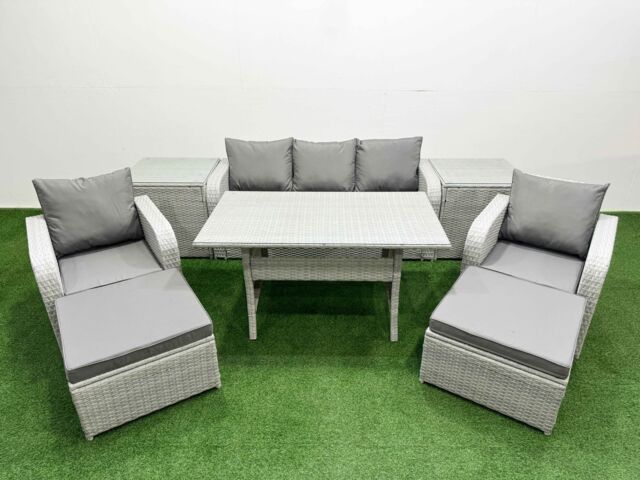 Fimous PE Rattan Garden Furniture Set Reclining Chair Sofa Lounge Sofa Set Rectangular Dining Table 2 Side Table 2 Big Footstool Light Grey - image 1
