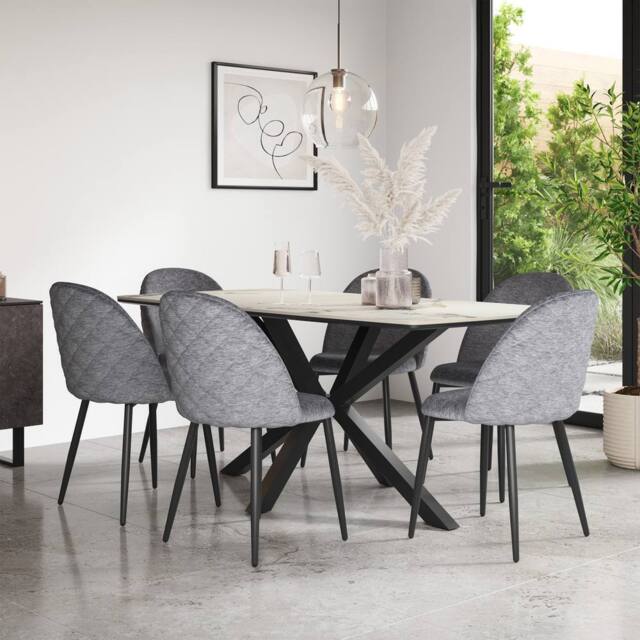 More4Homes Juno Calcutta Gold Ceramic Dining Table & 8 Raye Velvet Chairs in Grey - image 1