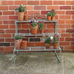 Melody Maison Sage Green Metal Three Tier Plant Theatre Stand in Dark Blue - thumbnail 4