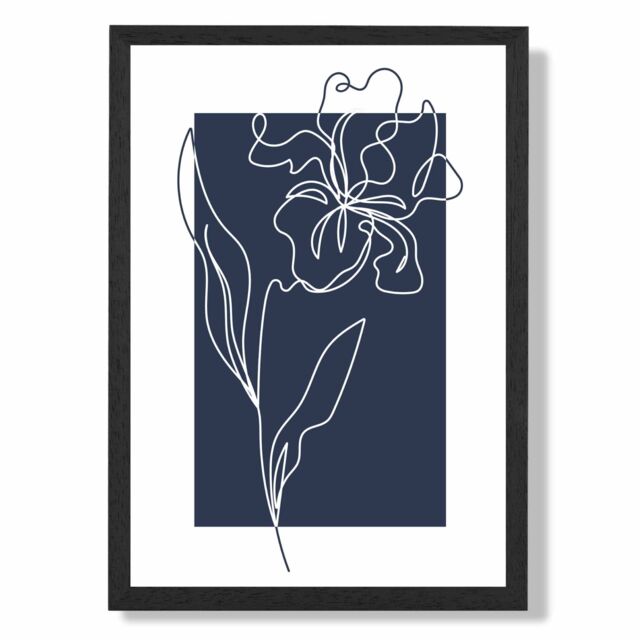 ARTZE Navy Blue & White Flower Floral Line Art Framed Print SIZE: A2 with Black Frame - Size: A4 - image 1