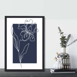 ARTZE Navy Blue & White Flower Floral Line Art Framed Print SIZE: A2 with Black Frame - Size: A4 - thumbnail 2