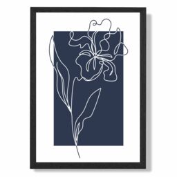 ARTZE Navy Blue & White Flower Floral Line Art Framed Print SIZE: A2 with Black Frame - Size: A4 - thumbnail 1
