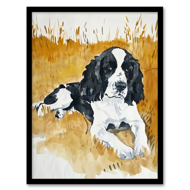 "Artery8 Dog Lover English Springer Spaniel in Wheat Field Framed Wall Art in Mustard - Size: W12"" x H16""" - image 1