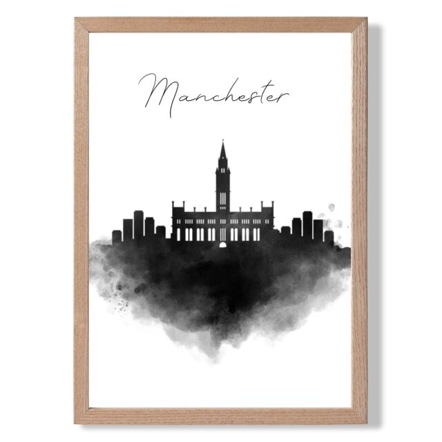 ARTZE Manchester Watercolour Skyline City Framed Print SIZE: A2 with Oak Frame in Black - Size: A4 - image 1