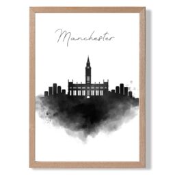 ARTZE Manchester Watercolour Skyline City Framed Print SIZE: A2 with Oak Frame in Black - Size: A4 - thumbnail 1