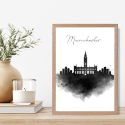 ARTZE Manchester Watercolour Skyline City Framed Print SIZE: A2 with Oak Frame in Black - Size: A4 - thumbnail 2