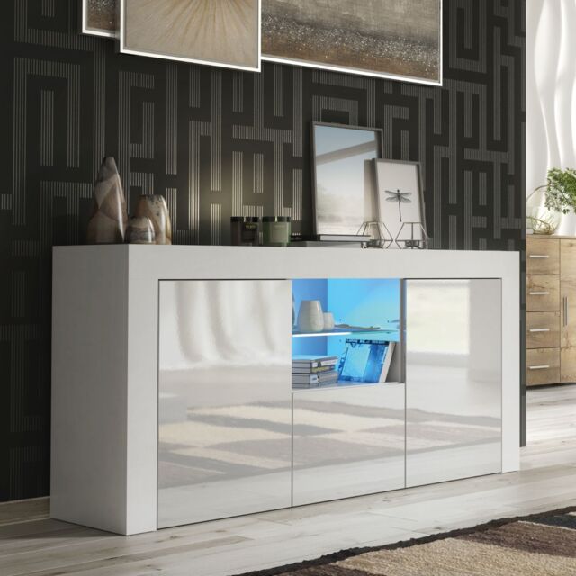 Creative Furniture Aurora Sideboard 145cm - A Modern & Practical Cabinet with Gloss Doors & LED Lights in White - image 1