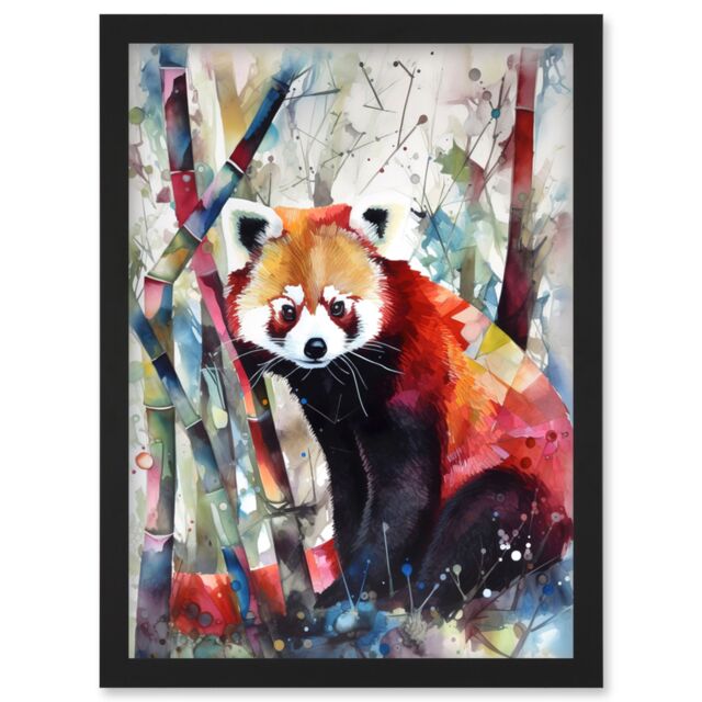 Artery8 Red Panda In Bamboo Forest Folk Art Artwork Framed Wall Art Print A4 in Black - image 1