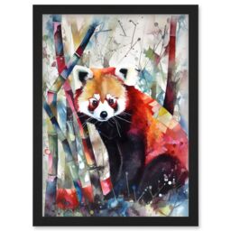 Artery8 Red Panda In Bamboo Forest Folk Art Artwork Framed Wall Art Print A4 in Black - thumbnail 1