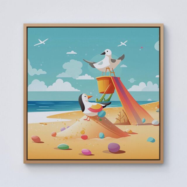Warren Reed - Designer Seagulls On A Beach Holiday Framed Canvas in Light Brown - Size: w40 inch x h40 inch - image 1