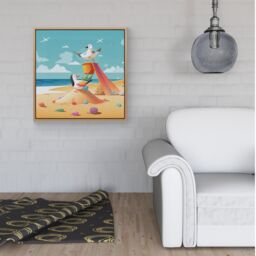 Warren Reed - Designer Seagulls On A Beach Holiday Framed Canvas in Light Brown - Size: w40 inch x h40 inch - thumbnail 2