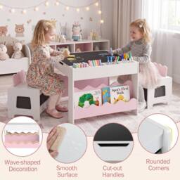 CASART Wooden Kids Table & Chairs Set Activity Table Set w/Chalkboard&Drawers in Pink - thumbnail 6