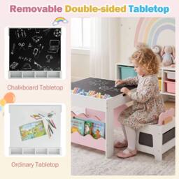 CASART Wooden Kids Table & Chairs Set Activity Table Set w/Chalkboard&Drawers in Pink - thumbnail 8