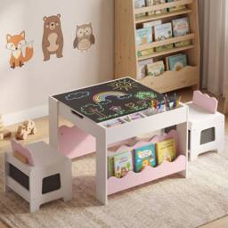 CASART Wooden Kids Table & Chairs Set Activity Table Set w/Chalkboard&Drawers in Pink - thumbnail 3