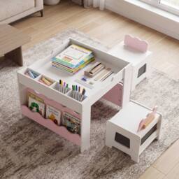 CASART Wooden Kids Table & Chairs Set Activity Table Set w/Chalkboard&Drawers in Pink - thumbnail 4
