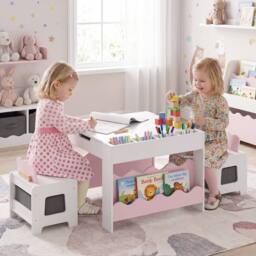 CASART Wooden Kids Table & Chairs Set Activity Table Set w/Chalkboard&Drawers in Pink - thumbnail 5