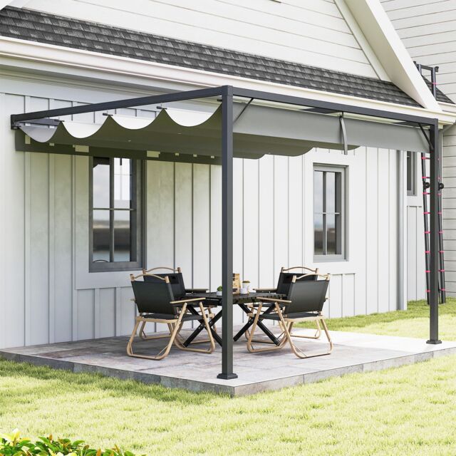 OUTSUNNY 3 x 3(m) Outdoor Lean To Pergola Retractable Canopy Wall Mounted in Grey - image 1