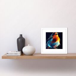 Artery8 Fat Robin Bird Vibrant Acrylic Orange Blue on Black Painting Square Wooden Framed Wall Art Print Picture 8X8 Inch in White - thumbnail 2