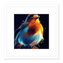 Artery8 Fat Robin Bird Vibrant Acrylic Orange Blue on Black Painting Square Wooden Framed Wall Art Print Picture 8X8 Inch in White - thumbnail 1