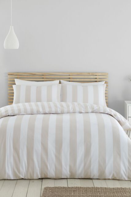 Catherine Lansfield 'Cove Stripe' Reversible Duvet Cover Set in Natural - Size: Single - image 1