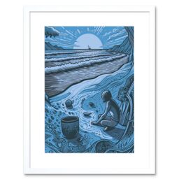 "Artery8 Wall Art Print Beachcombing Coastal Landscape Blue Artwork Framed 9X7 Inch in White - Size: W7"" x H9""" - thumbnail 1