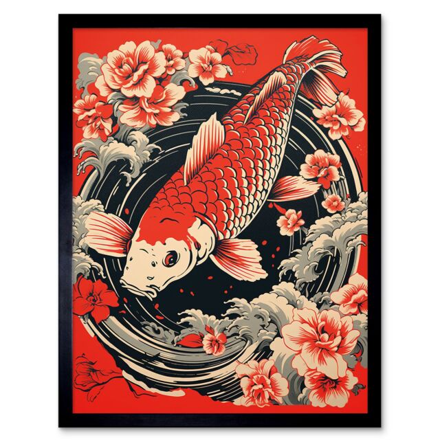 "Artery8 Wall Art Print Koi Fish Carp Japan Whirlpool Red Black Floral Artwork Coy Art Framed - Size: W12"" x H16""" - image 1