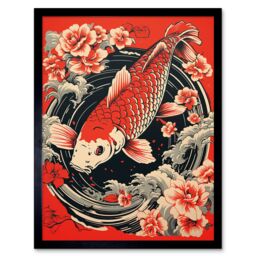 "Artery8 Wall Art Print Koi Fish Carp Japan Whirlpool Red Black Floral Artwork Coy Art Framed - Size: W12"" x H16""" - thumbnail 1