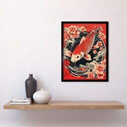 "Artery8 Wall Art Print Koi Fish Carp Japan Whirlpool Red Black Floral Artwork Coy Art Framed - Size: W12"" x H16""" - thumbnail 2
