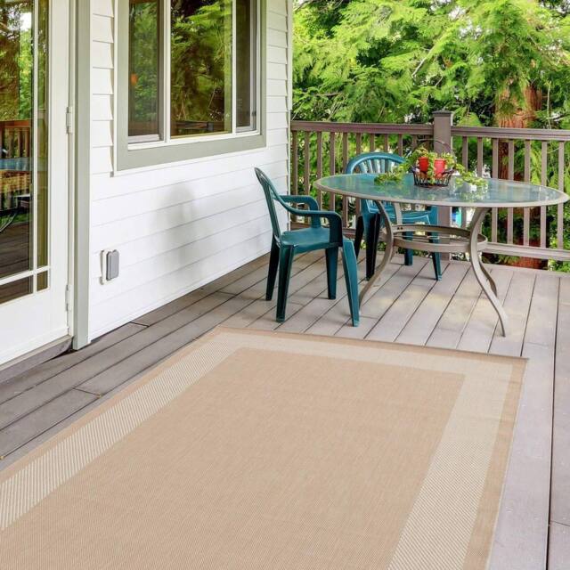 THE RUGS Outdoor Indoor Beige Bordered Rug Weatherproof Jet Washable - Size: 80 cm x 150 cm - image 1