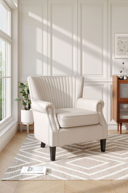 H&O Direct Channel-Tufted Deep Cushion Armchair with Nailhead Trim Accent in Beige - image 1