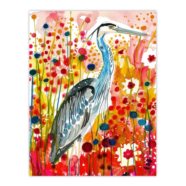 "Artery8 Heron Bird in Colourful Abstract Flower Field Wall Art Print in Red - Size: W12"" x H16""" - image 1