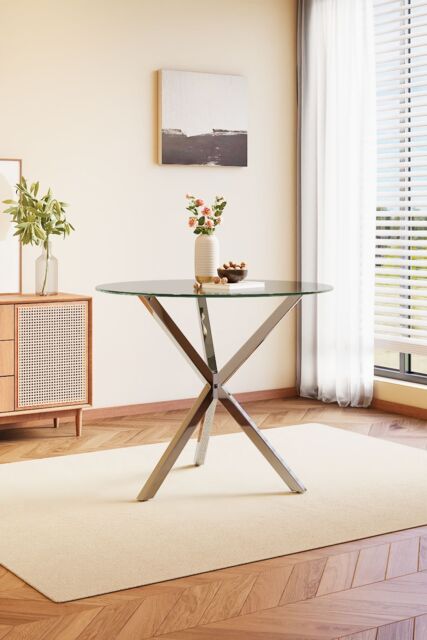 Living and Home Modern Clear Tempered Glass Dining Table Coffee Table with Chrome Three-Way Crossed Legs - image 1