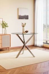 Living and Home Modern Clear Tempered Glass Dining Table Coffee Table with Chrome Three-Way Crossed Legs - thumbnail 1