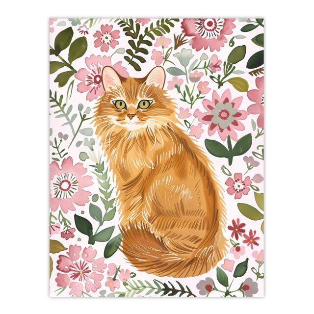 "Artery8 Somali Cat Lover Pink Flower Rustic Pattern Wall Art Print - Size: W18"" x H24""" - image 1