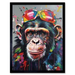 "Artery8 Wall Art Print Chimpanzee With Rainbow Sunglasses Modern Pop Art Framed in Black - Size: W12"" x H16""" - thumbnail 1