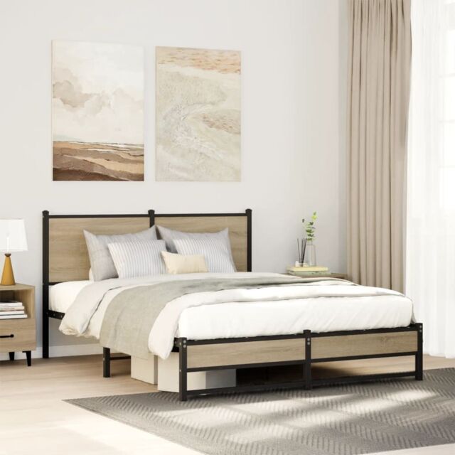 Berkfield Home Metal Bed Frame without Mattress Sonoma Oak 150x200 cm King Size in Brown - image 1