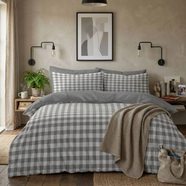 HOME LUXE INTERIOR Gaveno Cavailia Grey Gingham King Duvet Cover Microfibre Bedding Set in Light Grey