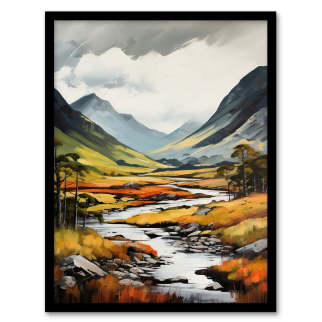 "Artery8 Wall Art Print Glencoe Valley Oil Painting Scotland Majestic Mountain Range & River Coe Art Framed - Size: W12"" x H16""" - image 1