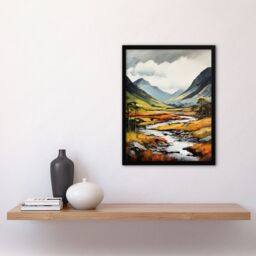 "Artery8 Wall Art Print Glencoe Valley Oil Painting Scotland Majestic Mountain Range & River Coe Art Framed - Size: W12"" x H16""" - thumbnail 2