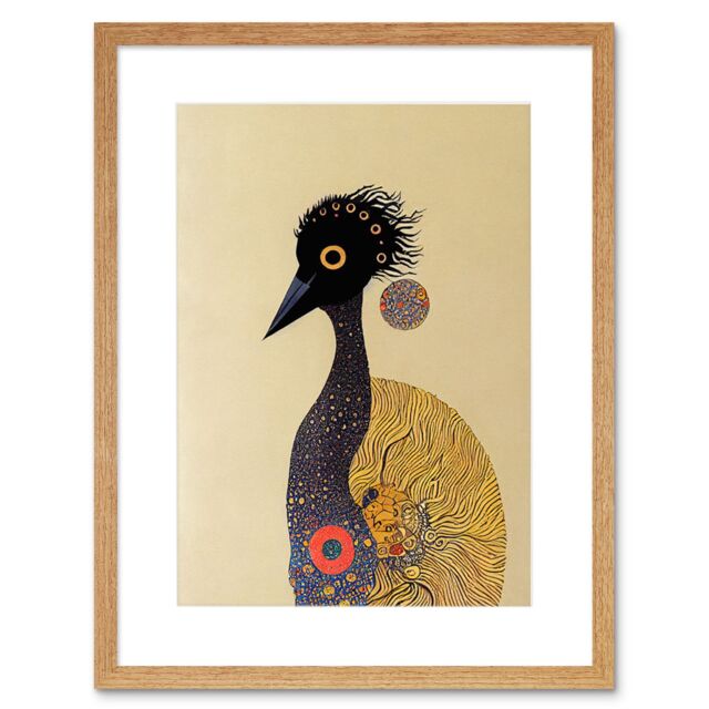 "Artery8 Wall Art Print Surreal Abstract Ostrich Emu Klimt Style Painting Artwork Framed 9X7 Inch in Beige - Size: W7"" x H9""" - image 1