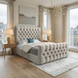 Casani Poulton Upholstered Beige Soft Velvet Designer Bed Frame in Cream - Size: Super King - thumbnail 1