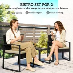 OUTSUNNY Rattan Bistro Set, 3 PCS Garden Furniture with Cushion in Khaki - thumbnail 4