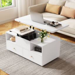 Rolipo White Lift-Top Coffee Table with Wheels, 4 Drawers & Extendable Top - thumbnail 7