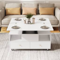 Rolipo White Lift-Top Coffee Table with Wheels, 4 Drawers & Extendable Top - thumbnail 6