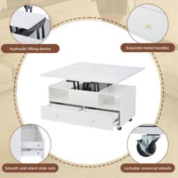 Rolipo White Lift-Top Coffee Table with Wheels, 4 Drawers & Extendable Top - thumbnail 3